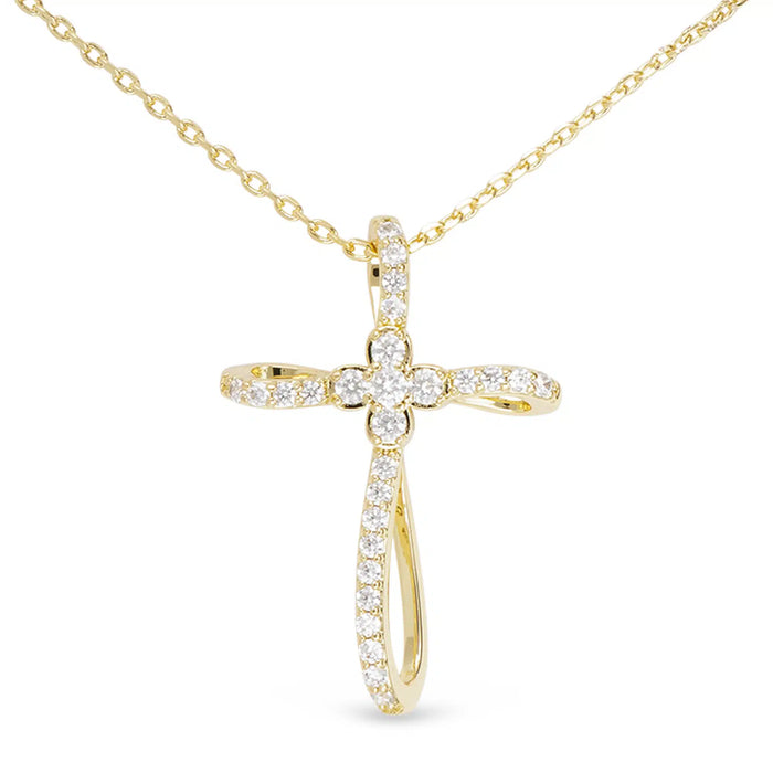 Gold CZ Ribbon and Clover Center Cross Necklace