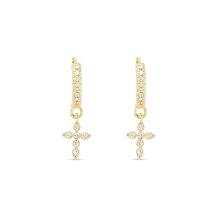 Gold CZ Hoop Small Cross Drop Earrings