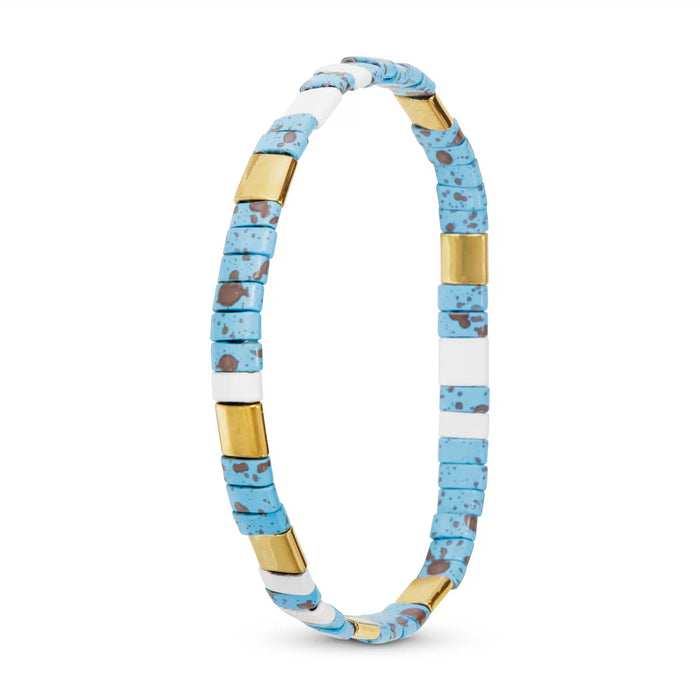 Gold White and Turquoise Flat Bead Stretch Bracelet