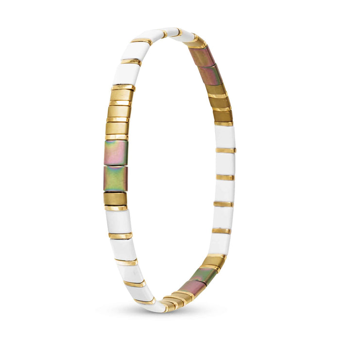 Gold White and Metallic Flat Bead Stretch Bracelet