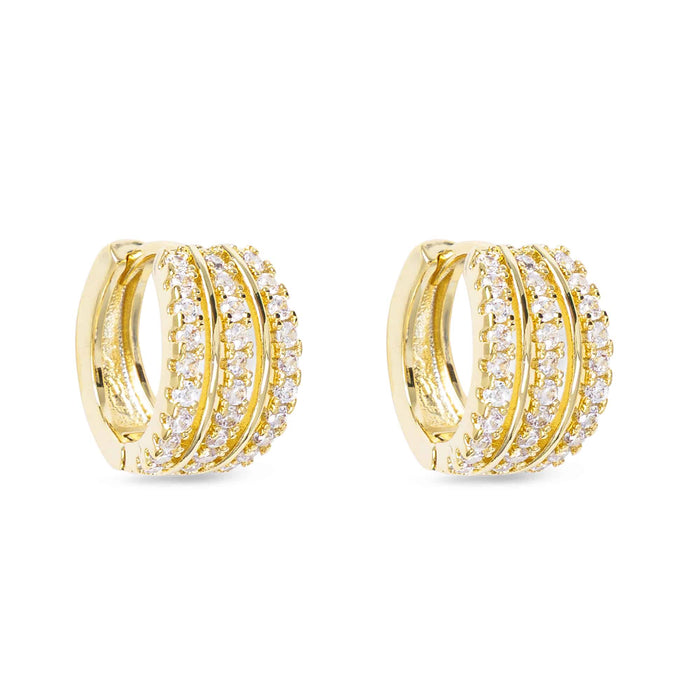 Gold CZ Triple Row Huggie Hoop Earrings