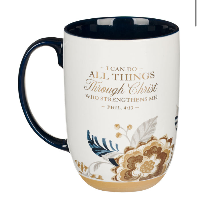 I Can Do All Things Honey-Brown and Blue Ceramic Mug with Exposed Clay Base