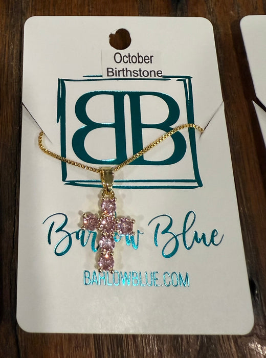 Birthstone CZ Cross Necklace.  Available in Gold or Silver.  Adjustable slide Necklace.
