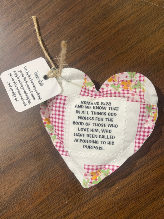 Heart Shape Pocket Prayer Quilt with a Wood Cross Inside.  Different Verses or Quotes Available.