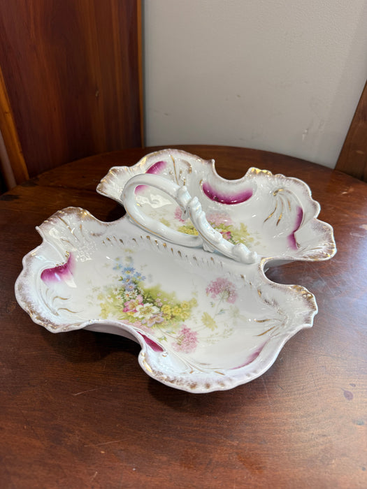 Stunning Antique German Victorian Double Lobe Floral Serving Bowl | Hand Painted Porcelain Candy Dish | Gold Gilt Center Handle