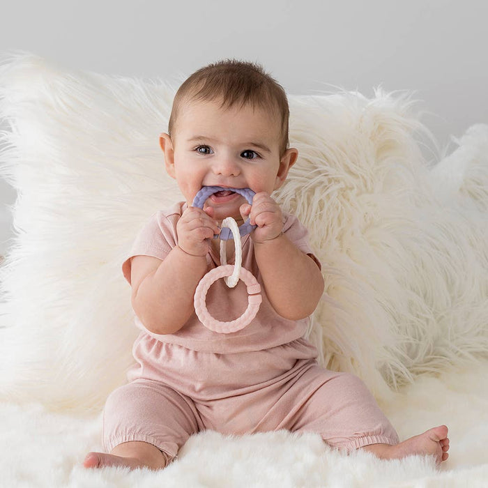 Bitzy Bespoke Itzy Rings™ Linking Ring Set: Muted Rainbow Color.  Use as a teether, toy, or to attach things to a stroller.