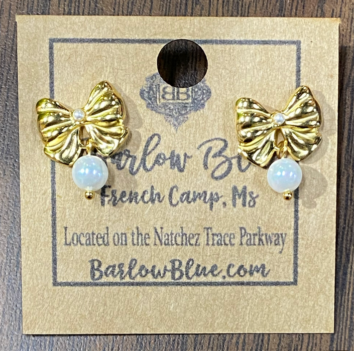 Gold Bow Earrings with Pearl