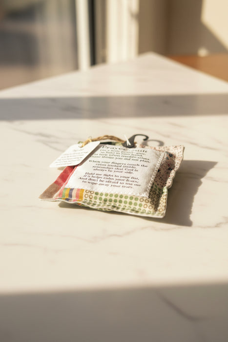 Square Pocket Prayer Quilt with a Wood Cross Inside.  Different Verses or Quotes Available.