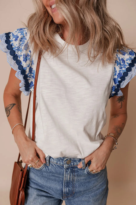 Blue Floral Trimmed Flutter Sleeve Top