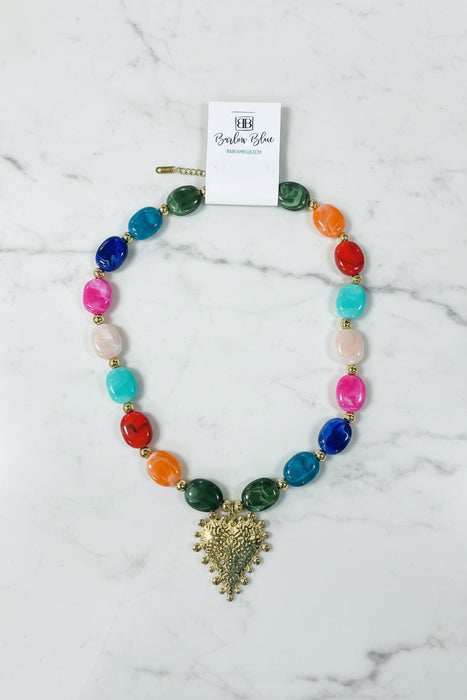 Large Chunky Colorful Beaded Necklace with Detailed Gold Heart Charm