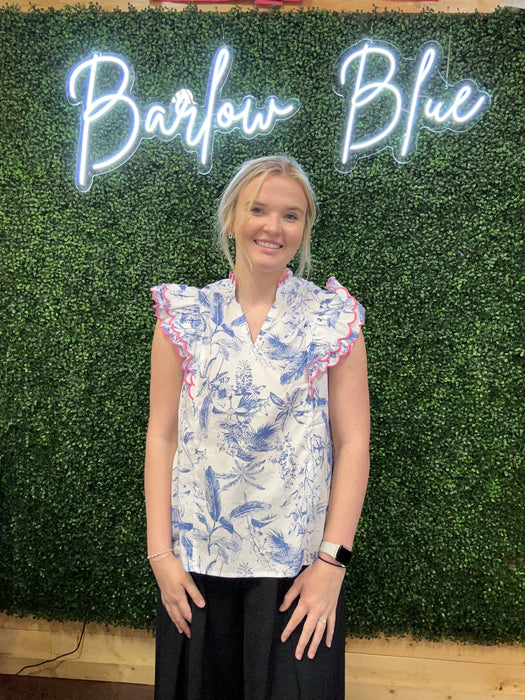 Blue & White Floral Top with Ruffle Sleeves and Pink Outline