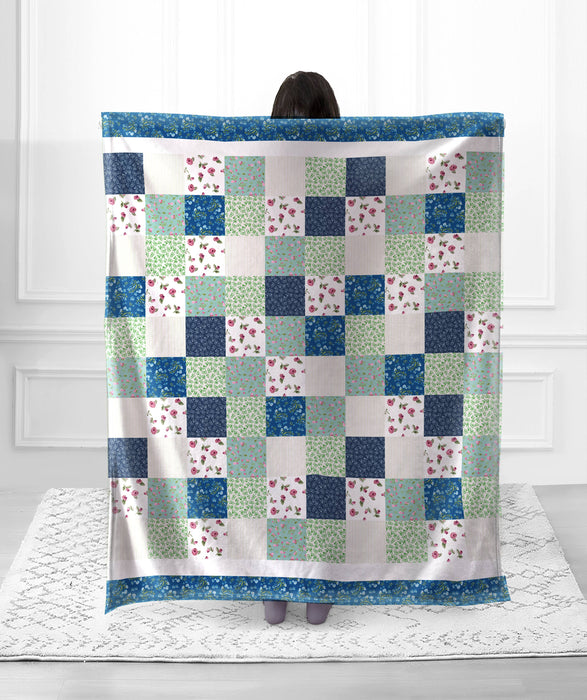 Blue & Green Floral Patchwork Faux Fur Plush Throw Blanket