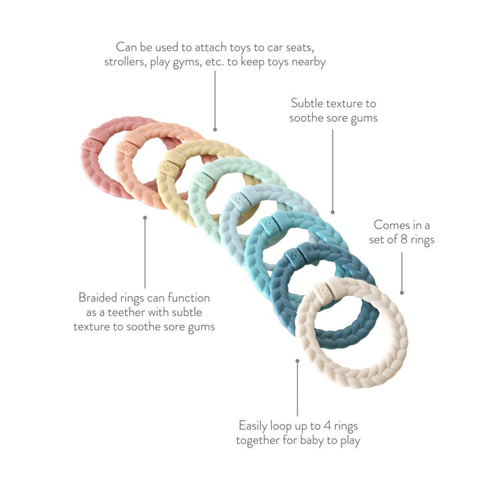 Bitzy Bespoke Itzy Rings™ Linking Ring Set: Muted Rainbow Color.  Use as a teether, toy, or to attach things to a stroller.