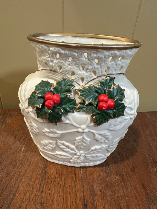 Vintage Vase with Holly Details.  Perfect for your Christmas Centerpiece