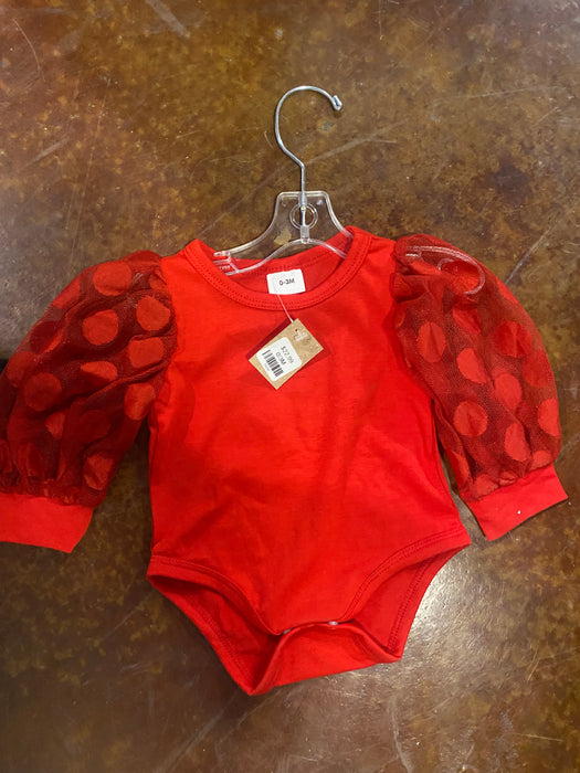 Tinsley Onesie with Dotted Mesh Sleeves for Babies in Red or Black.  0-3 Months through 12-18 Months.