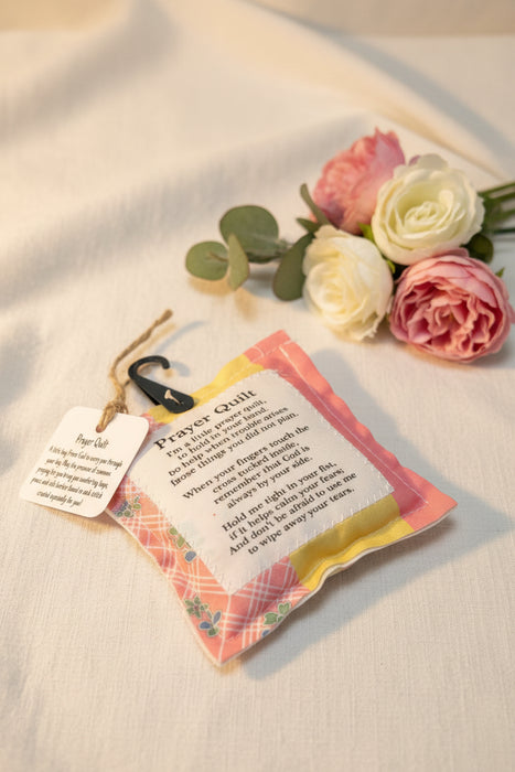 Square Pocket Prayer Quilt with a Wood Cross Inside.  Different Verses or Quotes Available.