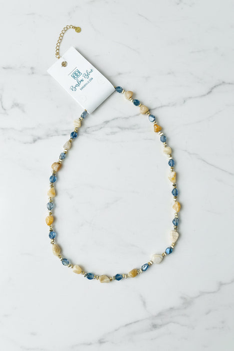 Cream & Light Blue Beads with Gold Accent Necklace