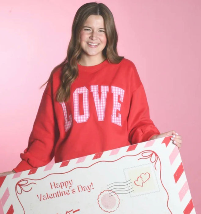 LOVE Lulu Mac Sweatshirt Red with Pink Gingham Embroidered Design **NEW VALENTINE'S DAY DROP PREORDER**