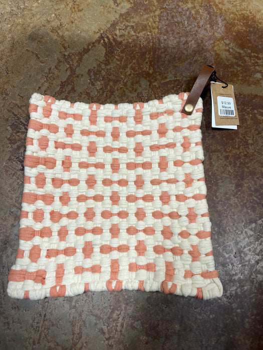 8" Square Cotton Crocheted Pot Holder w/ Leather Loop, Multi Color, 4 Colors