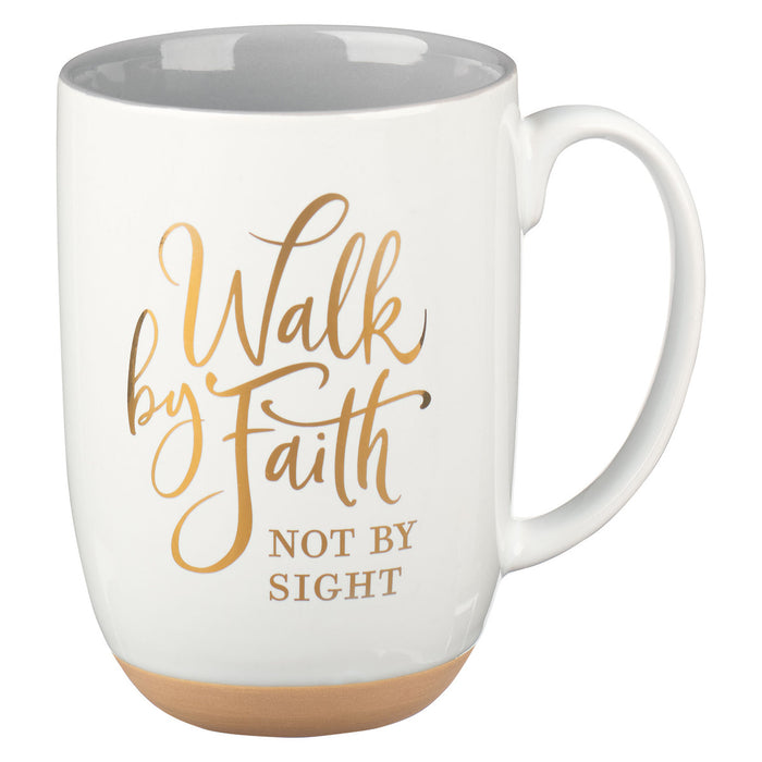 Walk By Faith White Ceramic Coffee Mug with Exposed Clay Base - 2 Corinthians 5:7