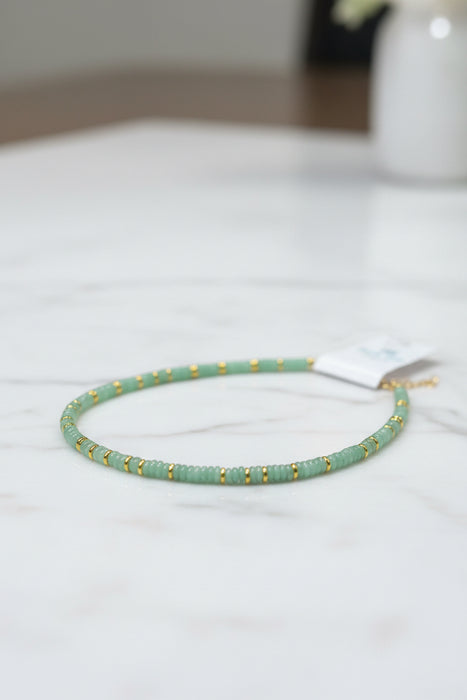 Shades of Light Green Thin Beaded Necklace with Gold Accents