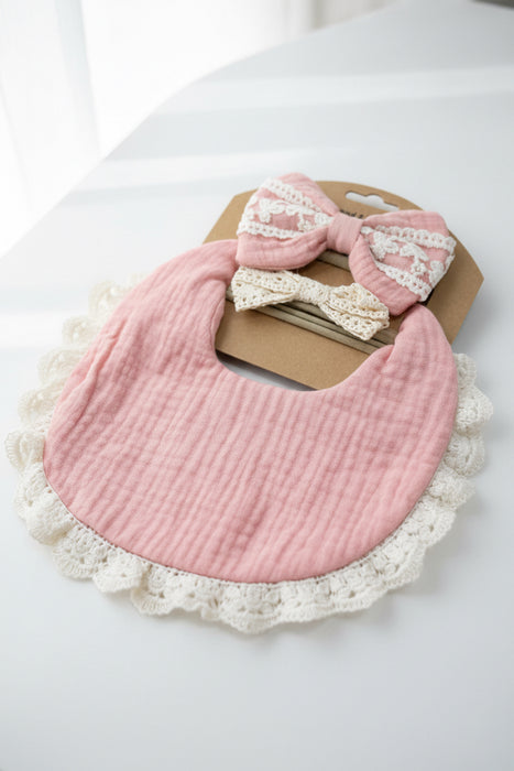 Pink Headband & Muslin Bib Set- Comes with One Bib and Two Headbands