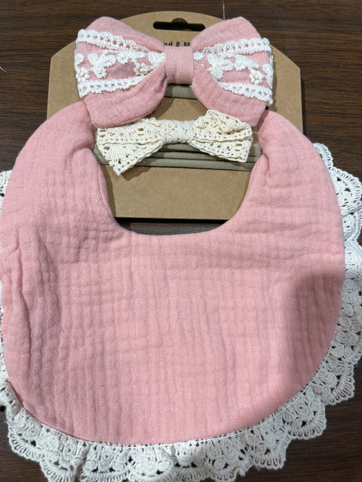 Pink Headband & Muslin Bib Set- Comes with One Bib and Two Headbands