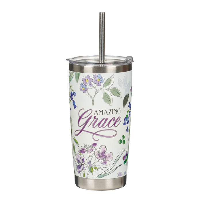 Amazing Grace Purple Floral Stainless Steel Travel Tumbler with Stainless Steel Straw