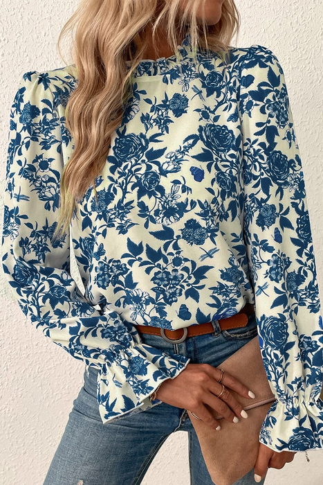 Sky Blue Floral Long Sleeve Blouse with Keyhole Open Back