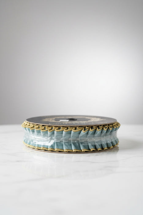 Aqua Velvet Pleated Metallic Dupion Double Sided Fused John Mark Ribbon: 1.5in wide x 10yd