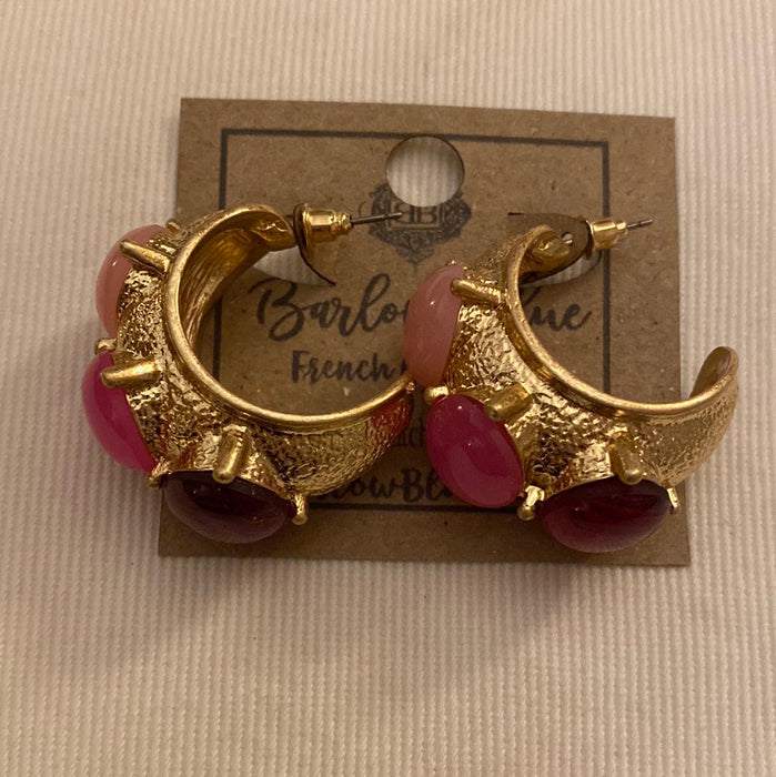 Thick Gold Hoops w/Red & Pink Gemstones