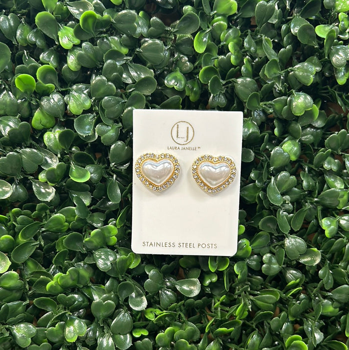Diamond Heart Pearl Earrings