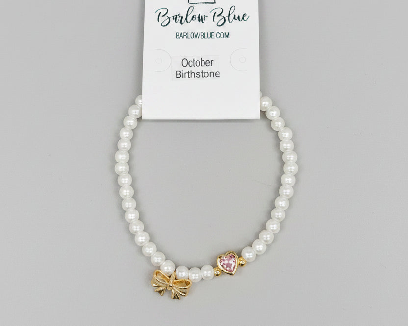 Bow & Pearl Birthstone Bracelets with Heart Birthstones