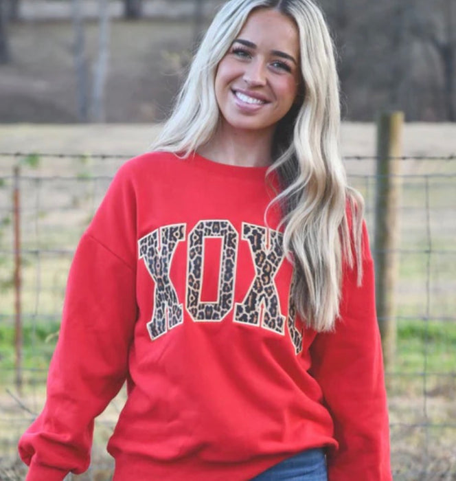 XOXO Lulu Mac Sweatshirt Red with Leopard Embroidered Design **NEW VALENTINE'S DAY DROP PREORDER**