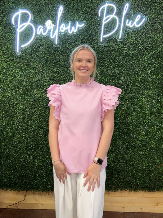 Pink Scalloped Top with Ruffle Sleeves