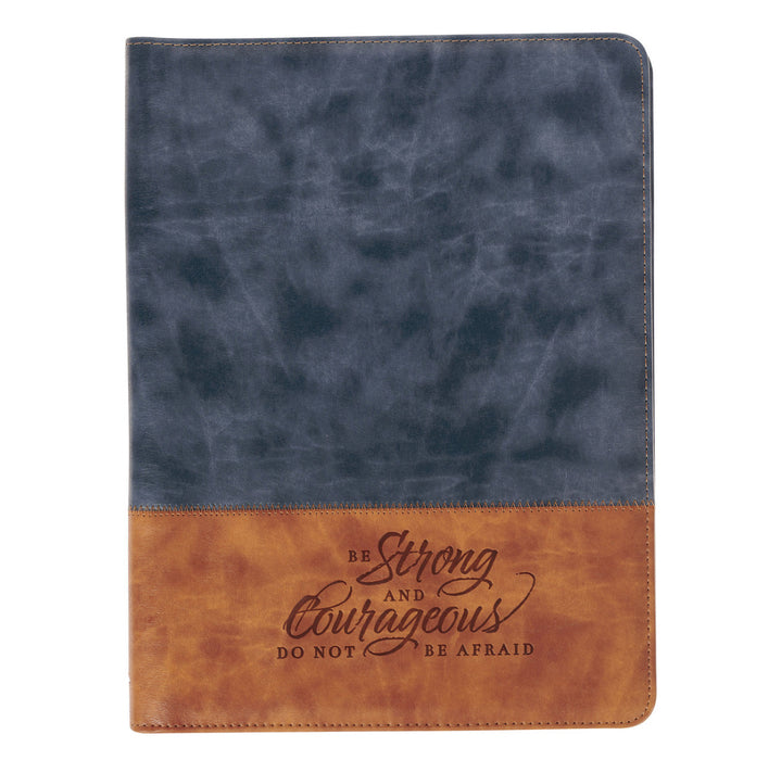 Strong and Courageous Butterscotch and Navy Faux Leather Padfolio - Joshua 1:9