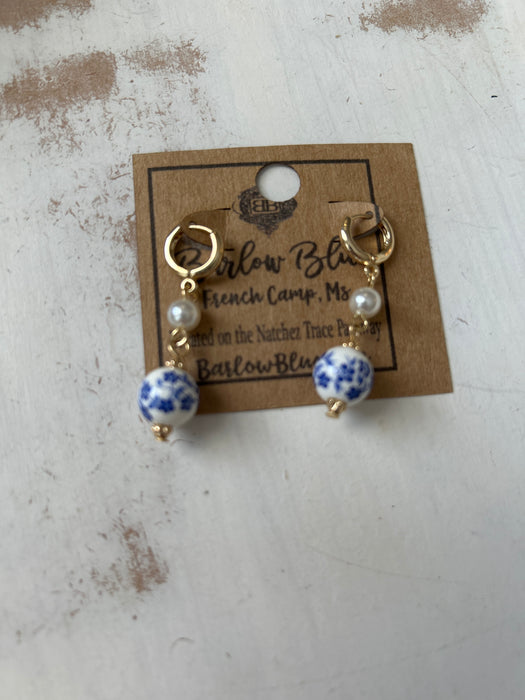 Antique Elegance Blue & White Floral Earrings with Pearl and Gold Accent