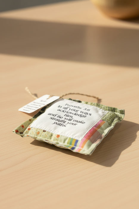 Square Pocket Prayer Quilt with a Wood Cross Inside.  Different Verses or Quotes Available.