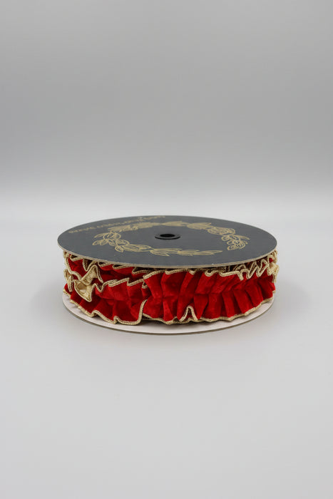 Red Velvet Pleated Metallic Dupion Double Sided Fused John Mark Ribbon: 1.5in wide x 10yd