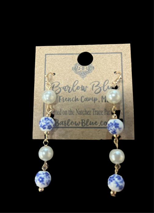 Something Blue Earrings- Blue & White Floral Earrings with Gold Accent