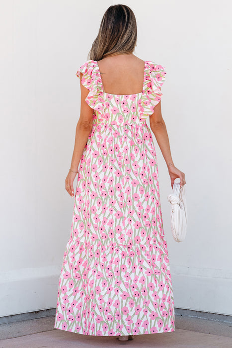 Pink & Green Floral Ruffled Sleeved Maxi Dress