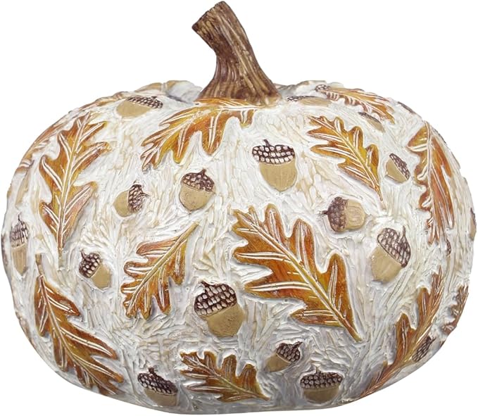 Large Resin White Washed Pumpkin with Fall Leaves Tabletop Decor