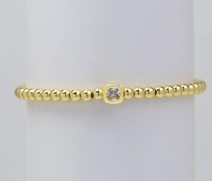 The Confetti - Gold Beaded Bracelet with Square shaped Birthstone Charm