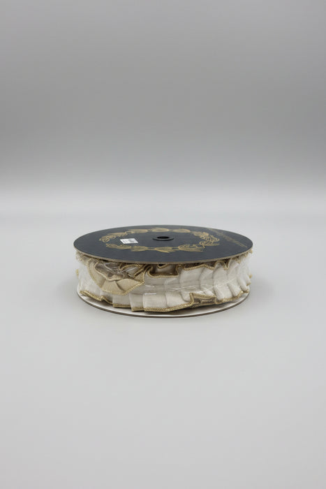 White Velvet Pleated Metallic Dupion Double Sided Fused John Mark Ribbon: 1.5in wide x 10yd