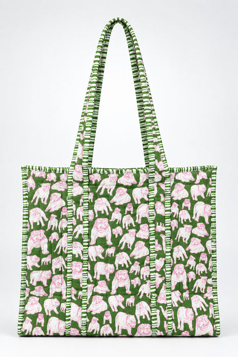 Chelsea Bulldog Quilted Tote- Green/Pink/White 18x16x7