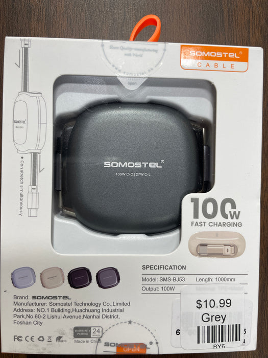 Grey Fast Charging Retractable Cable. USB C