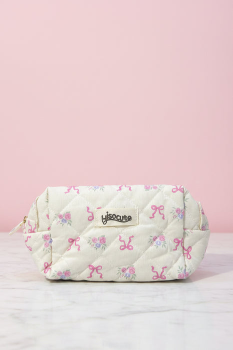 Cream & Pink & Floral Makeup Pouch with Ruffles