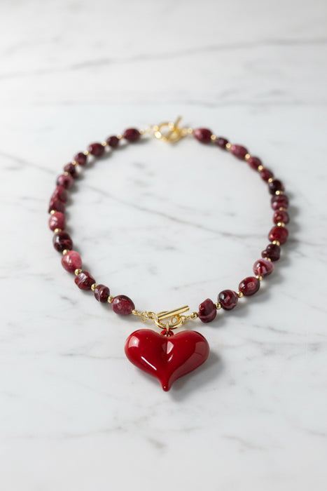 Deep Red Beaded Necklace with Red Heart Charm