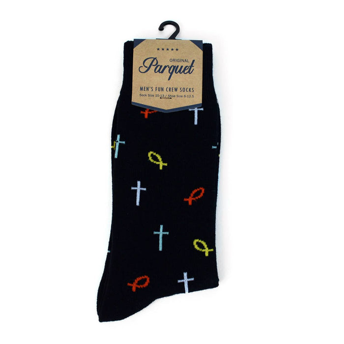 Adult Socks.  Navy Blue with Crosses & Icthus (Jesus Fish).  Unisex Sizing.