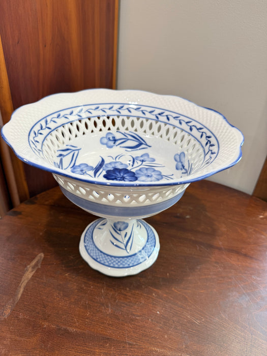 Vintage Blue & White Pierced Pedestal Compote Bowl | Delft Style Floral Footed Serving Bowl